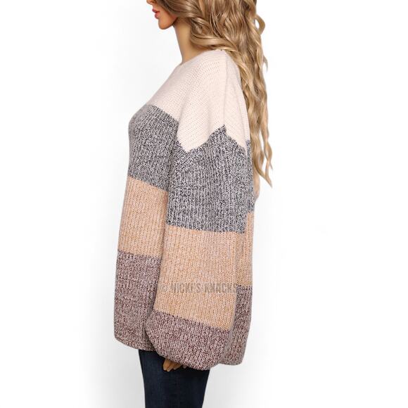 Pink Lily Oversized Colorblock Striped Chunky Knit Balloon Sleeve Sweater Size M - Picture 3 of 8